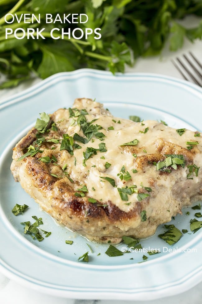 Oven baked pork chop on a plate with parsley and a title