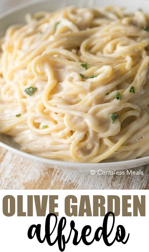 Olive Garden alfredo sauce on a bed of noodles with a title