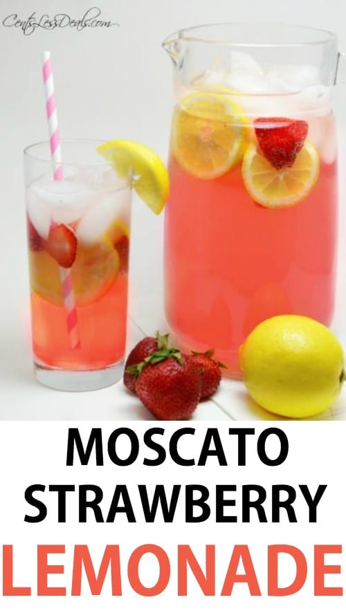 Moscato strawberry lemonade in a pitcher and in a glass with a title