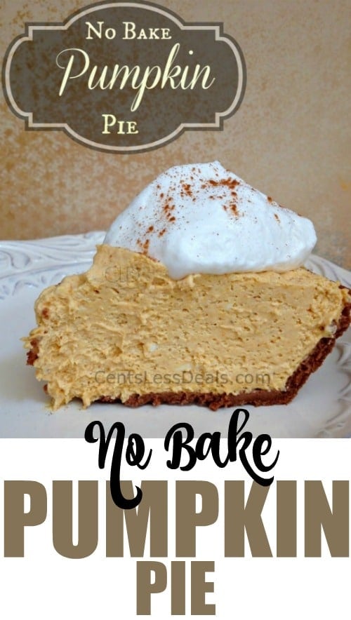 No bake pumpkin pie on a white plate with whipped cream and writing