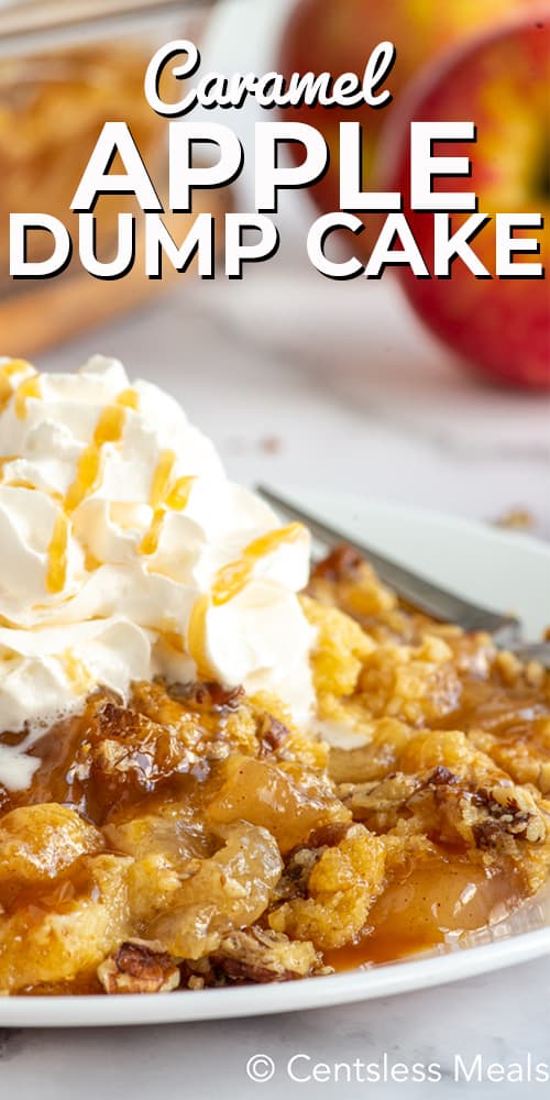 Caramel apple dump cake on a plate with a title