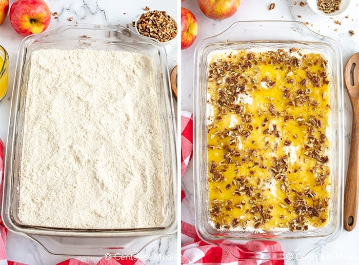 Layers of caramel apple dump cake in a clear casserole dish