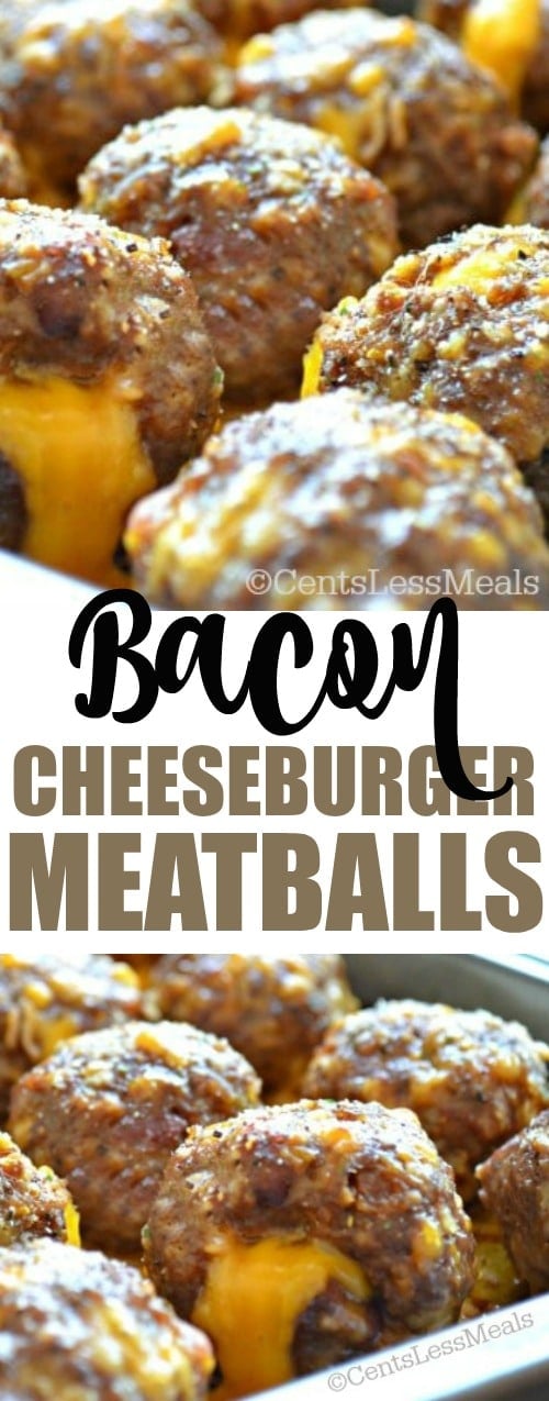 Bacon cheeseburger meatballs in a pan with a title