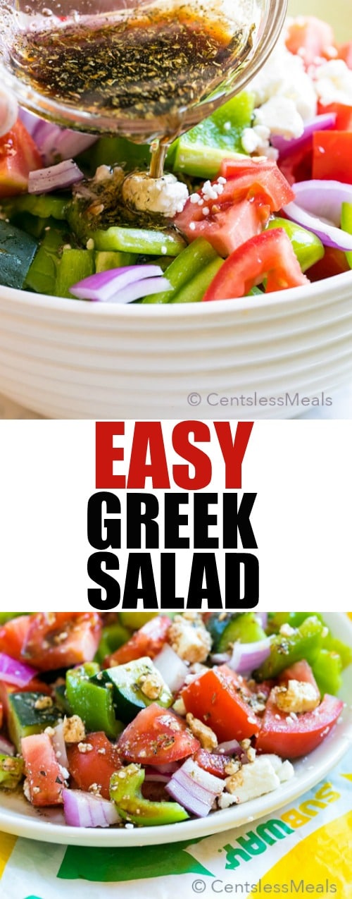 Easy Greek salad in a bowl with dressing being poured on and a title