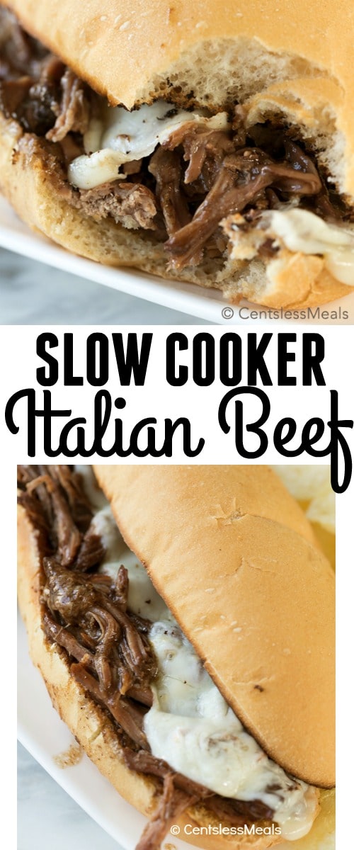 Slow cooker Italian beef sandwich on a plate with a bite taken out and a title