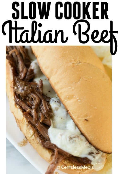 Slow cooker Italian beef sandwich with writing