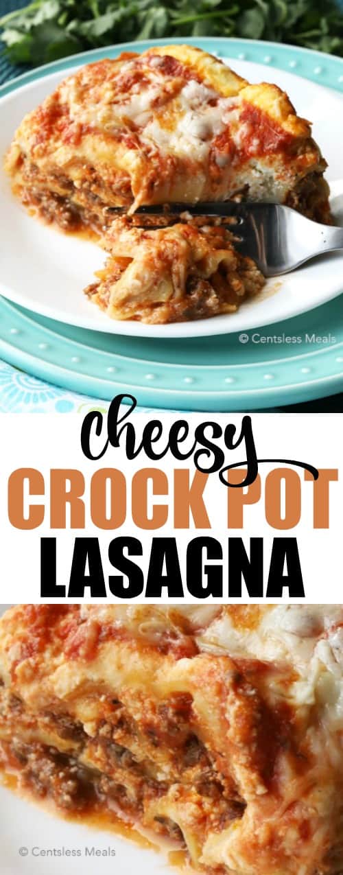 Cheesy Crock-Pot lasagna on a plate with a title