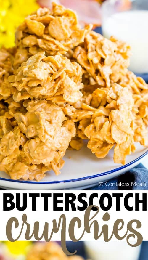 Butterscotch Crunchies on a plate with a title