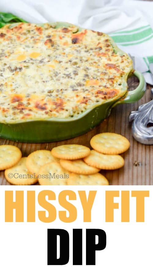 Hissy fit dip in a green dish with crackers on the side and a title