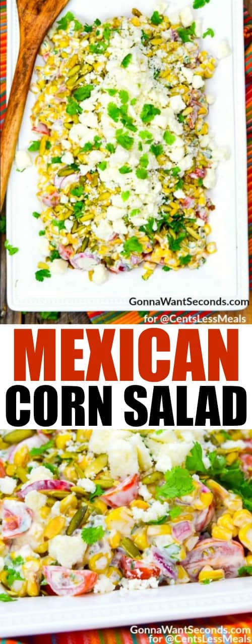 Mexican corn salad on a white plate with a title