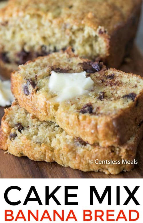 Slices of cake mix banana bread with butter and a title