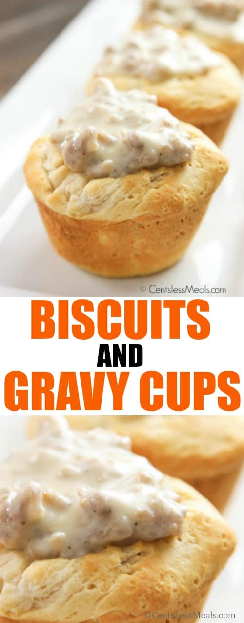 Biscuits and gravy cups on a white serving plate with writing