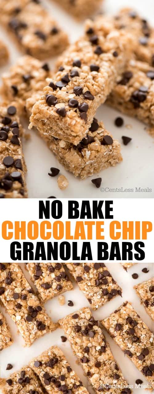 No bake chocolate chip granola bars on a marble board with a title