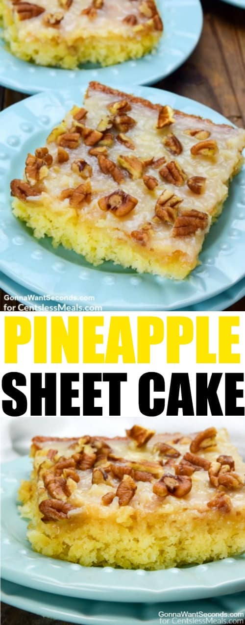 Pineapple sheet cake on a blue plate with writing