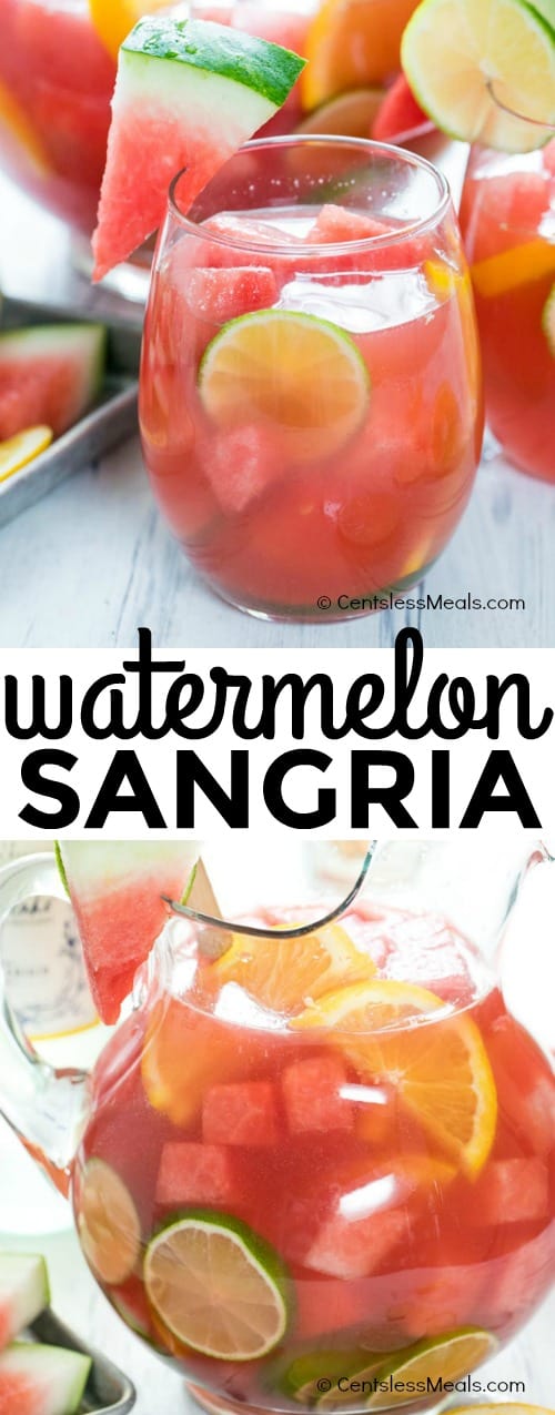 Watermelon sangria in a pitcher and in a glass with a title