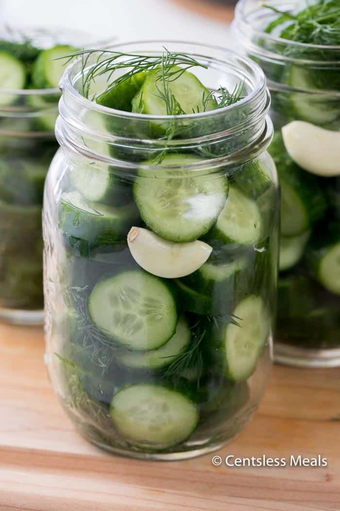 Refrigerator Dill Pickles with cucumber garlic and dill in a mason jar