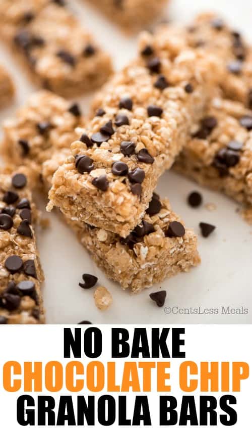 No bake chocolate chip granola bars in a pile with a title