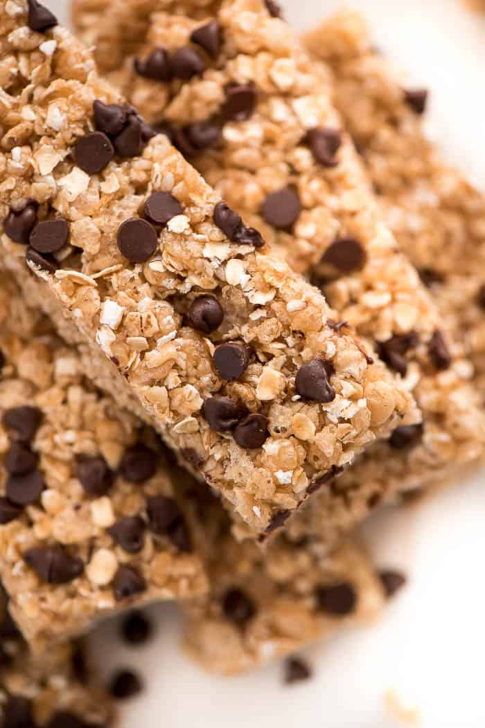 No bake chocolate chip granola bars in a pile