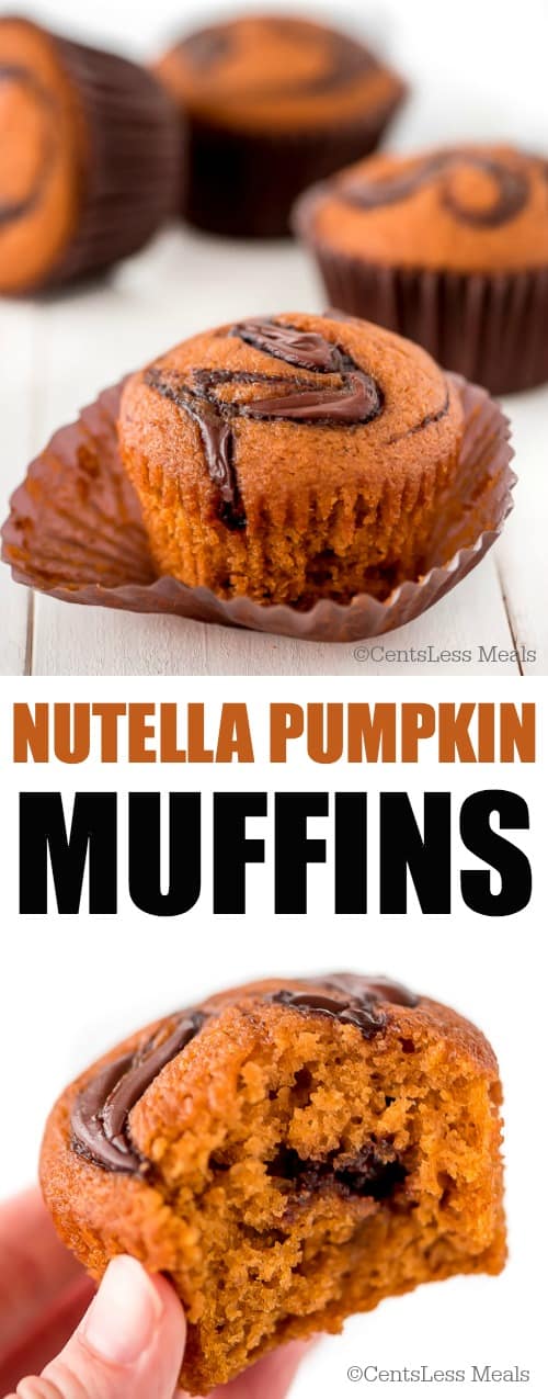 Pumpkin Muffins with swirls of Nutella through them and one muffin with a bite taken out of it under the title.