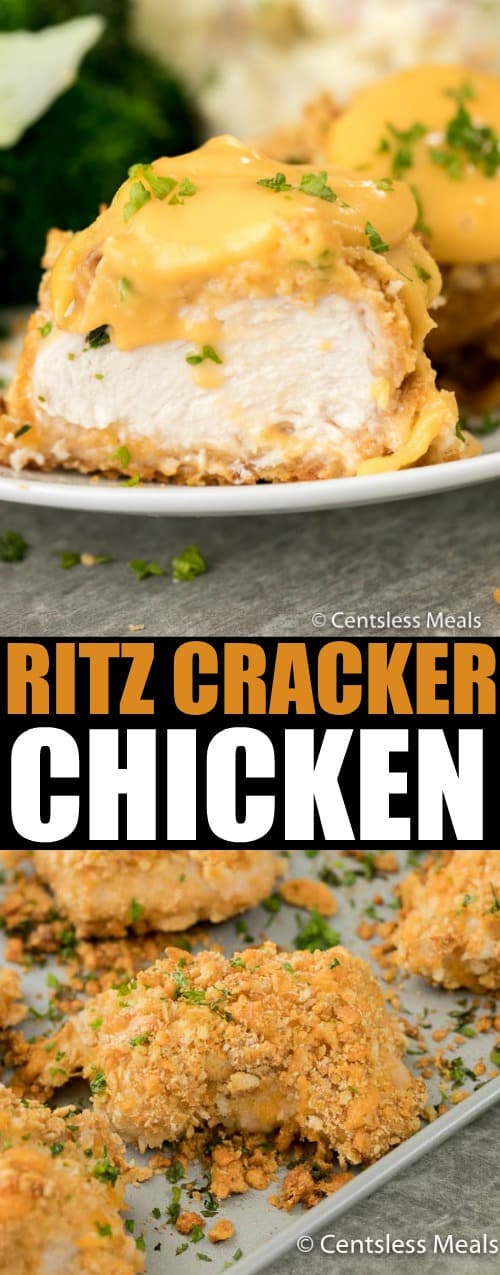 Ritz cracker chicken on a sheet pan and on a plate with a title