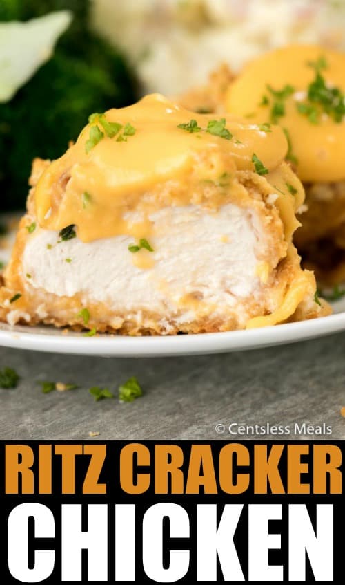 Ritz cracker chicken on a plate with parsley and a title