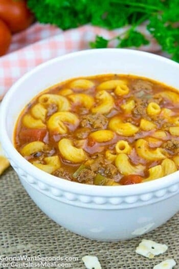 Beef and Tomato Macaroni Soup in a white bowl