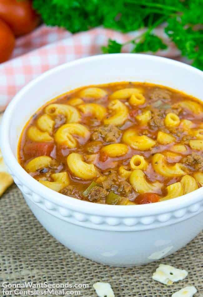 Beef and Tomato Macaroni Soup in a white bowl