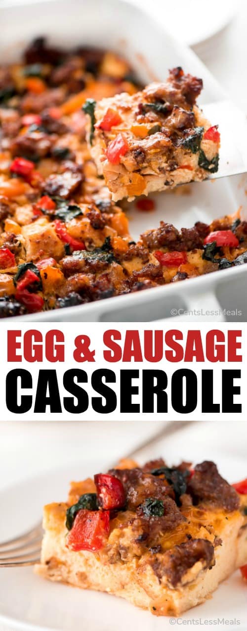 Egg and sausage casserole in a casserole dish and on a plate with a title
