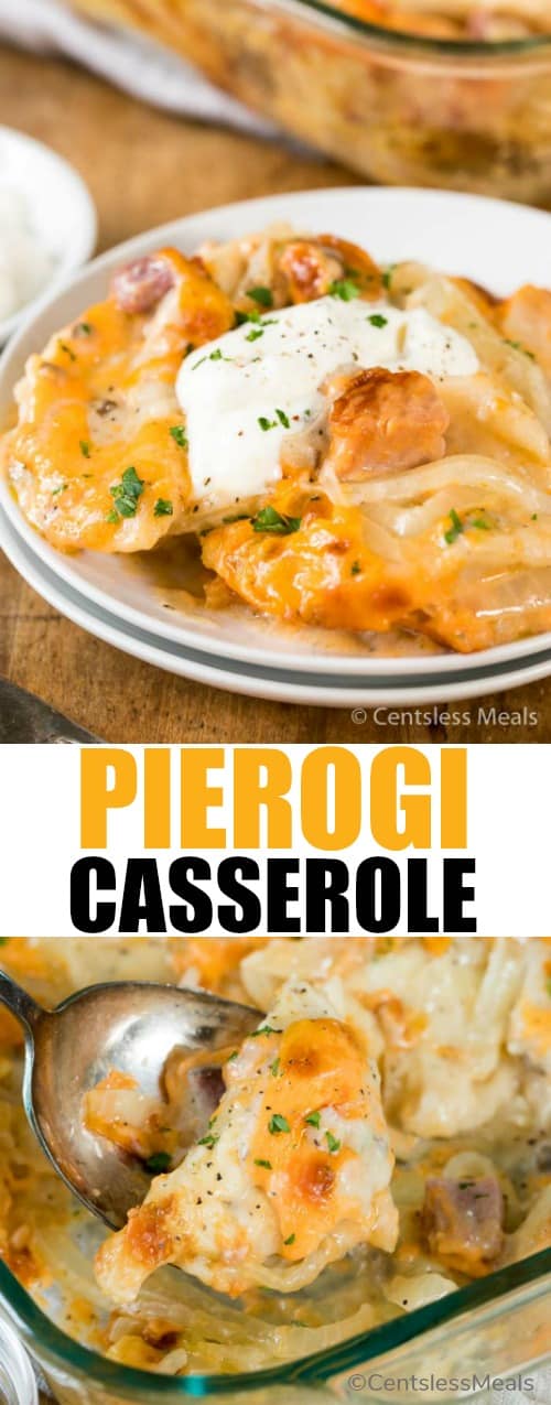 Pierogi casserole in a casserole dish and on a plate with a title
