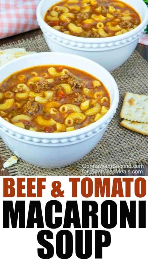 Two white balls of beef and tomato macaroni soup with crackers and a title