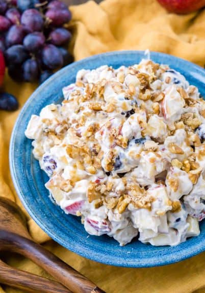 Apple walnut salad in a blue Bowl