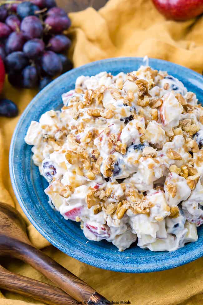 Apple walnut salad in a blue Bowl