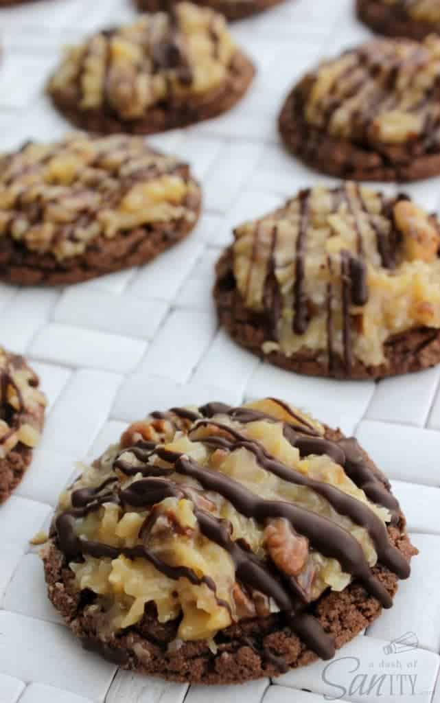 German chocolate cake cookies drizzled with chocolate