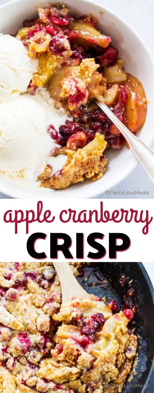 Apple cranberry crisp in a pan and in a bowl with a title