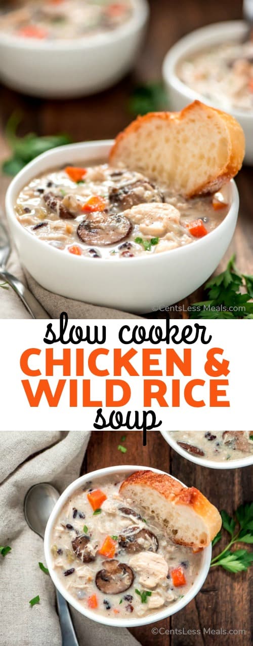 Slow cooker chicken and wild rice soup in a bowl with a piece of bread and a title