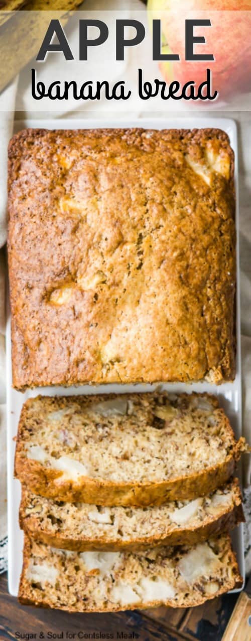 Apple banana bread on a plate with some cut into slices and a title