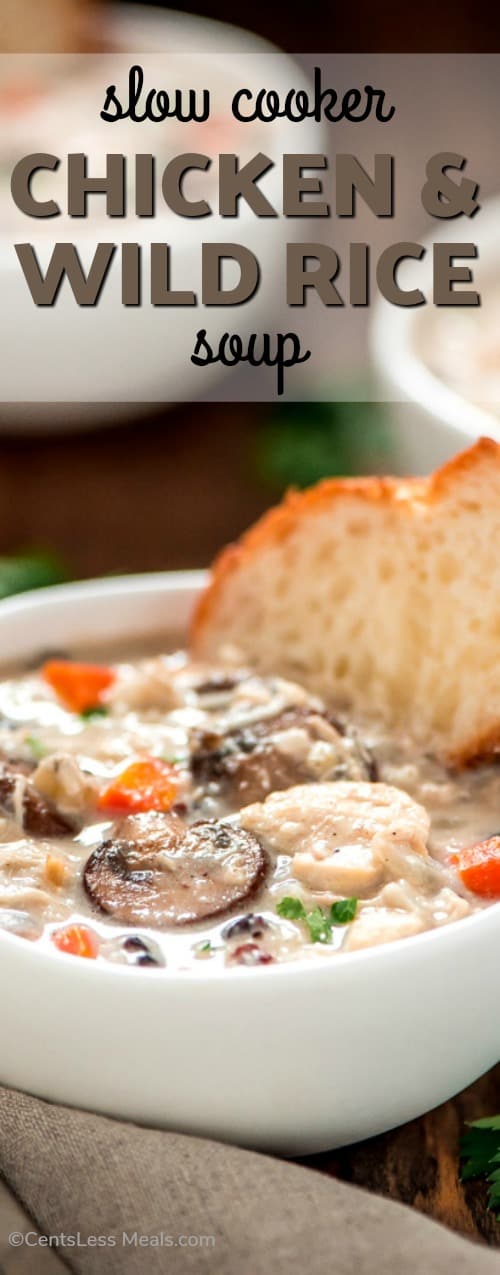 Slow cooker chicken and wild rice soup in a bowl with a title