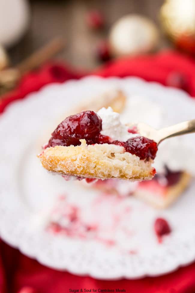 bite of Cranberry shortcake on a gold fork