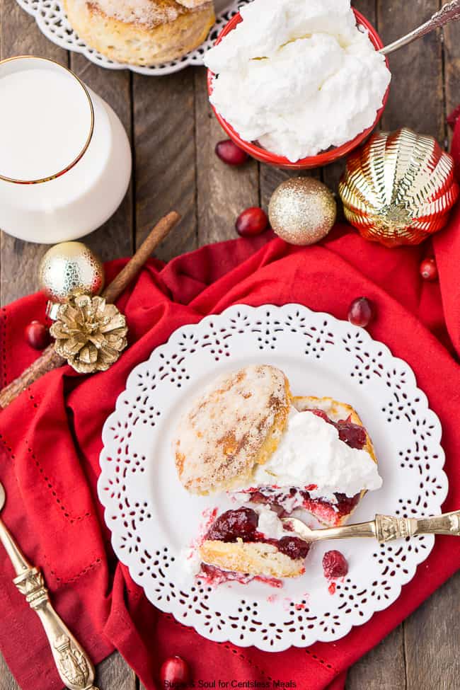 Cranberry shortcake on a white plate with a gold fork