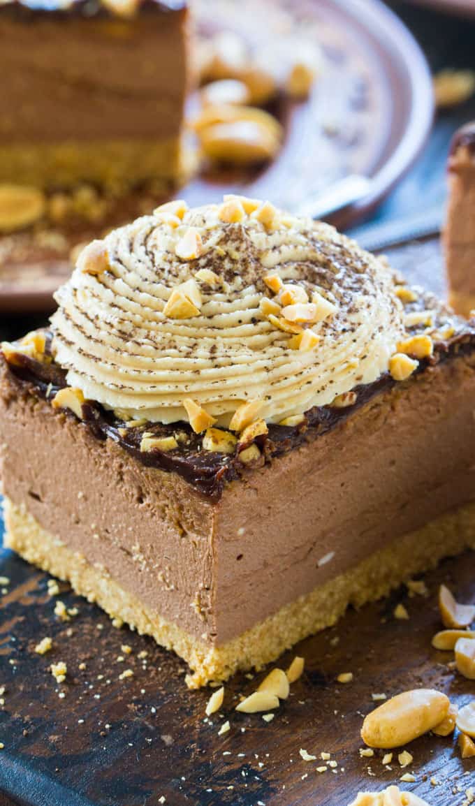 Chocolate peanut butter cheesecake with nuts on top
