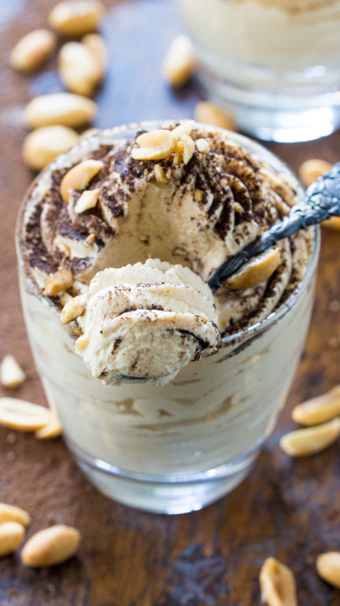 Easy peanut butter mousse in a glass with a spoon