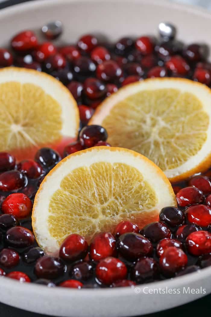Cranberry Mimosa mixture in a bowl with lemon slices and cranberries
