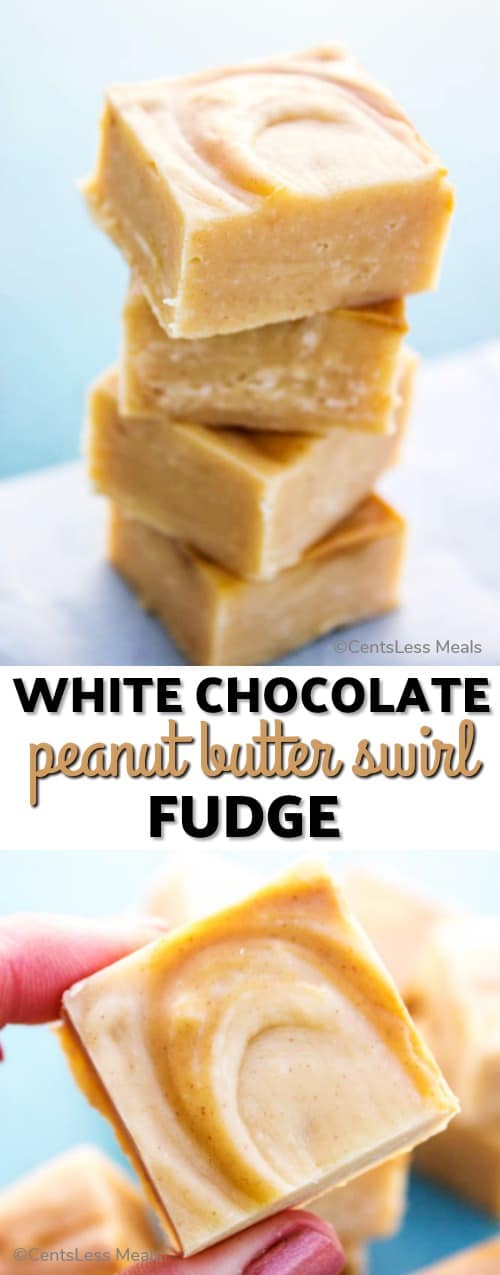 White chocolate peanut butter swirl fudge with a title