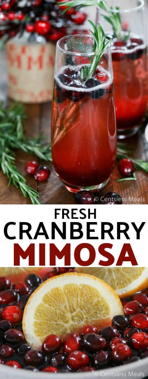 Cranberry mimosas on a wooden board with writing