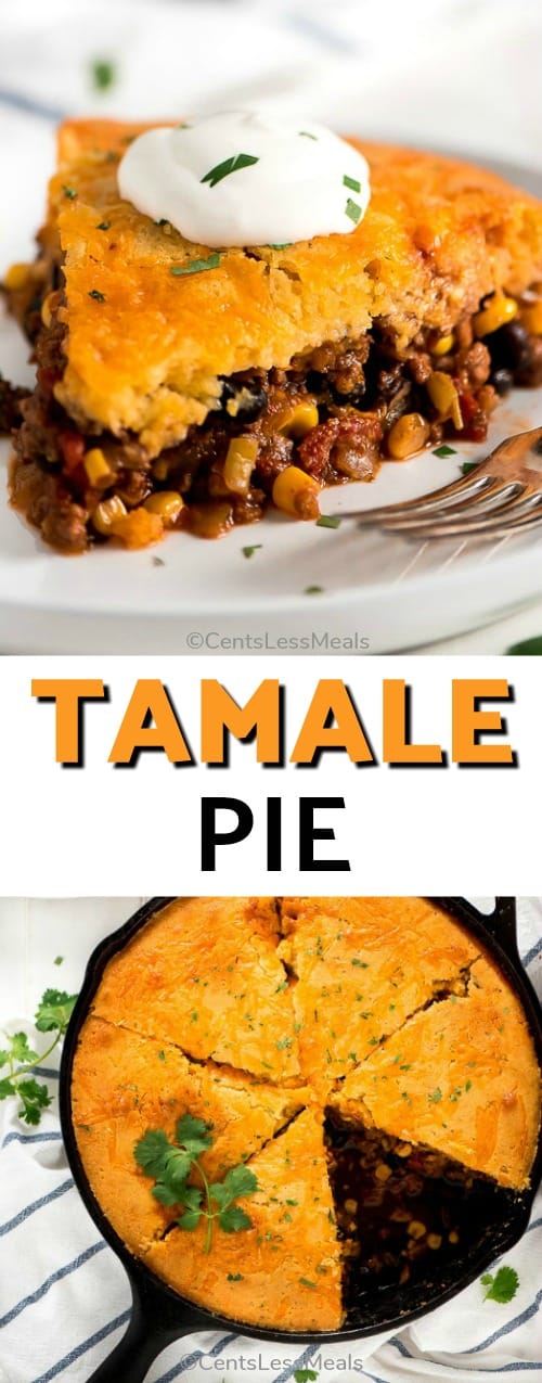 Tamale pie in a cast iron pan and on a plate with a title