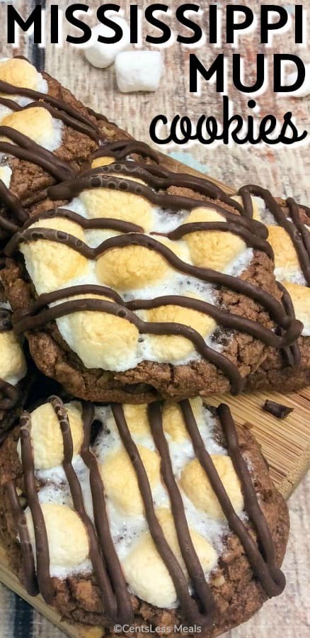 Mississippi mud pie cookies on a wooden board with writing