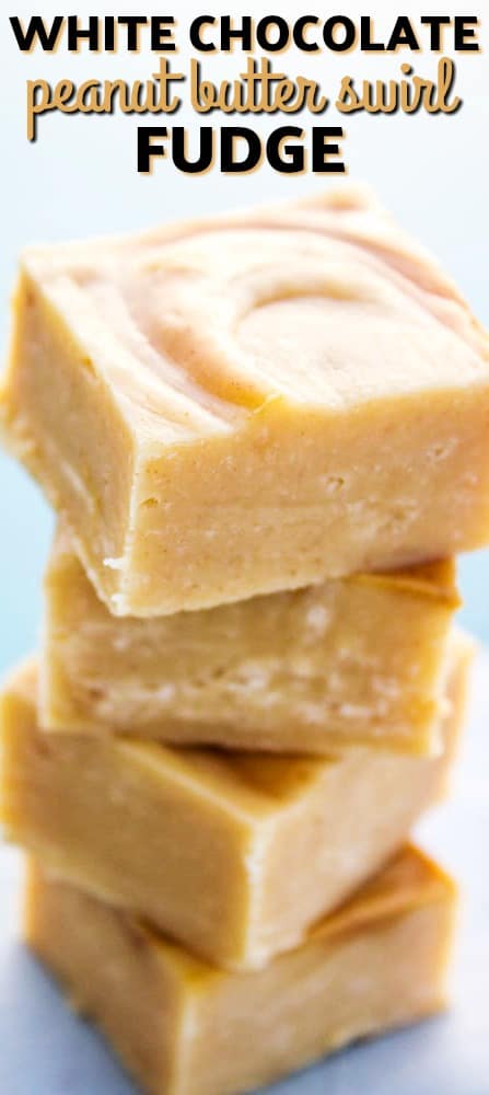 White chocolate peanut butter swirl fudge cut into pieces with a title