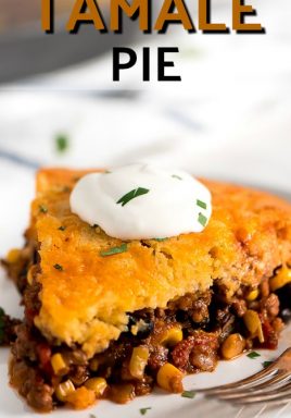 Tamale pie on a plate with sour cream and a title