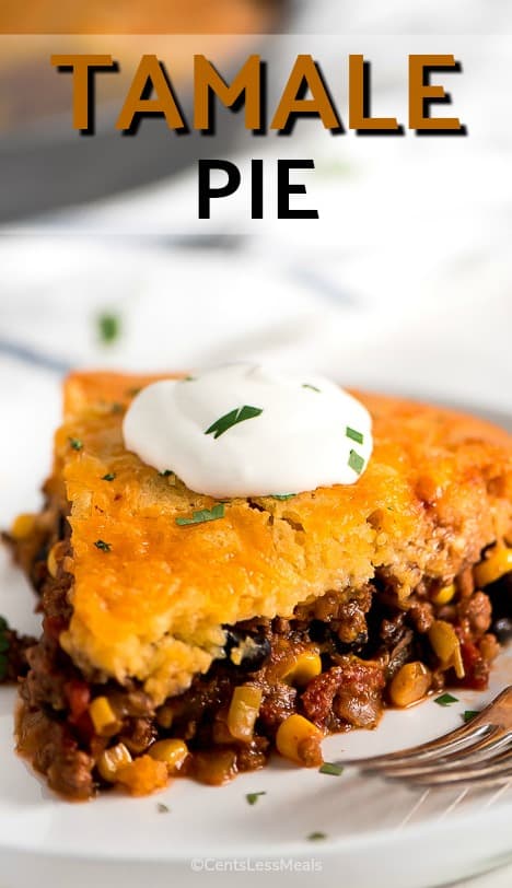 Tamale pie on a plate with sour cream and a title