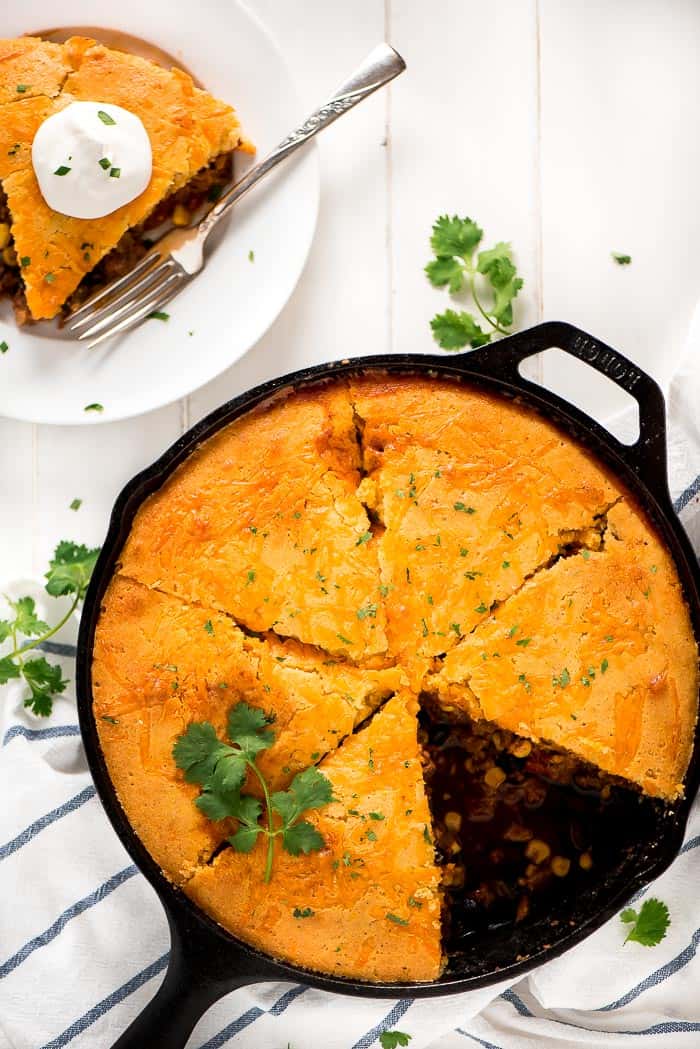 Tamale pie in a cast iron pan